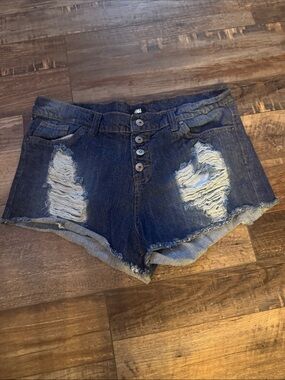 H&M Dark Blue Distressed Button-Front Denim Shorts